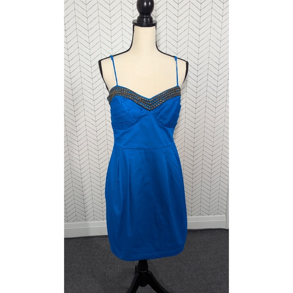 Y2K 90s Mini Dress Women 12 Blue Studded Retro Dark Academia Boho Bisou Bisou